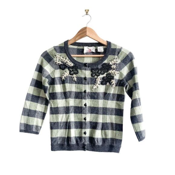 Karen Nico Women's Cardigan Flowering Plaid Green Black Beaded Button Small - Picture 1 of 9